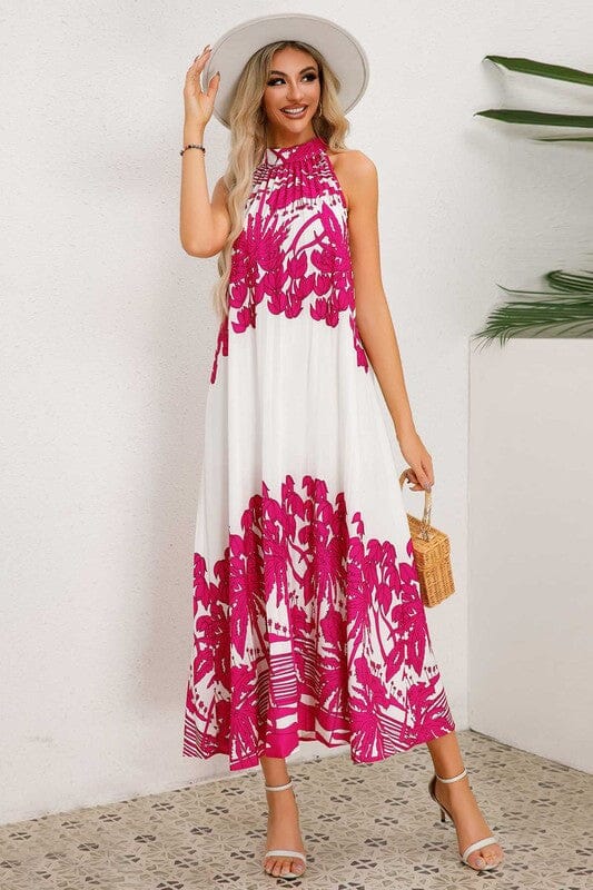 Pleated Halter Neck Floral on White Maxi Asia Direct 
