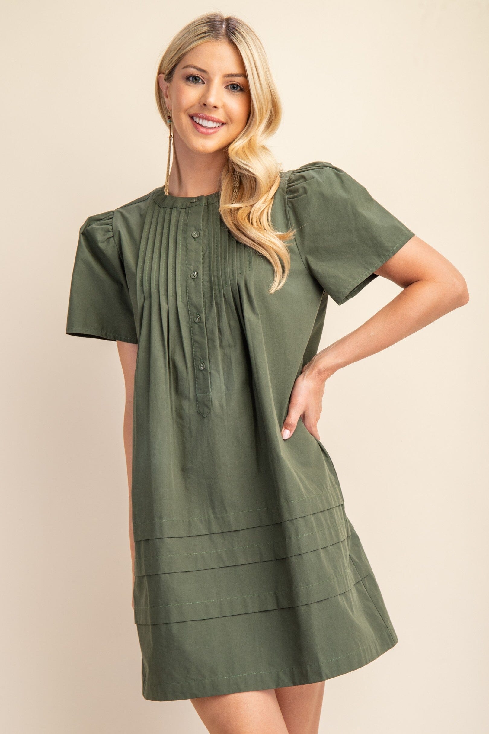 Pleated Poplin Puff Sleeve Mini Dress Gigio 