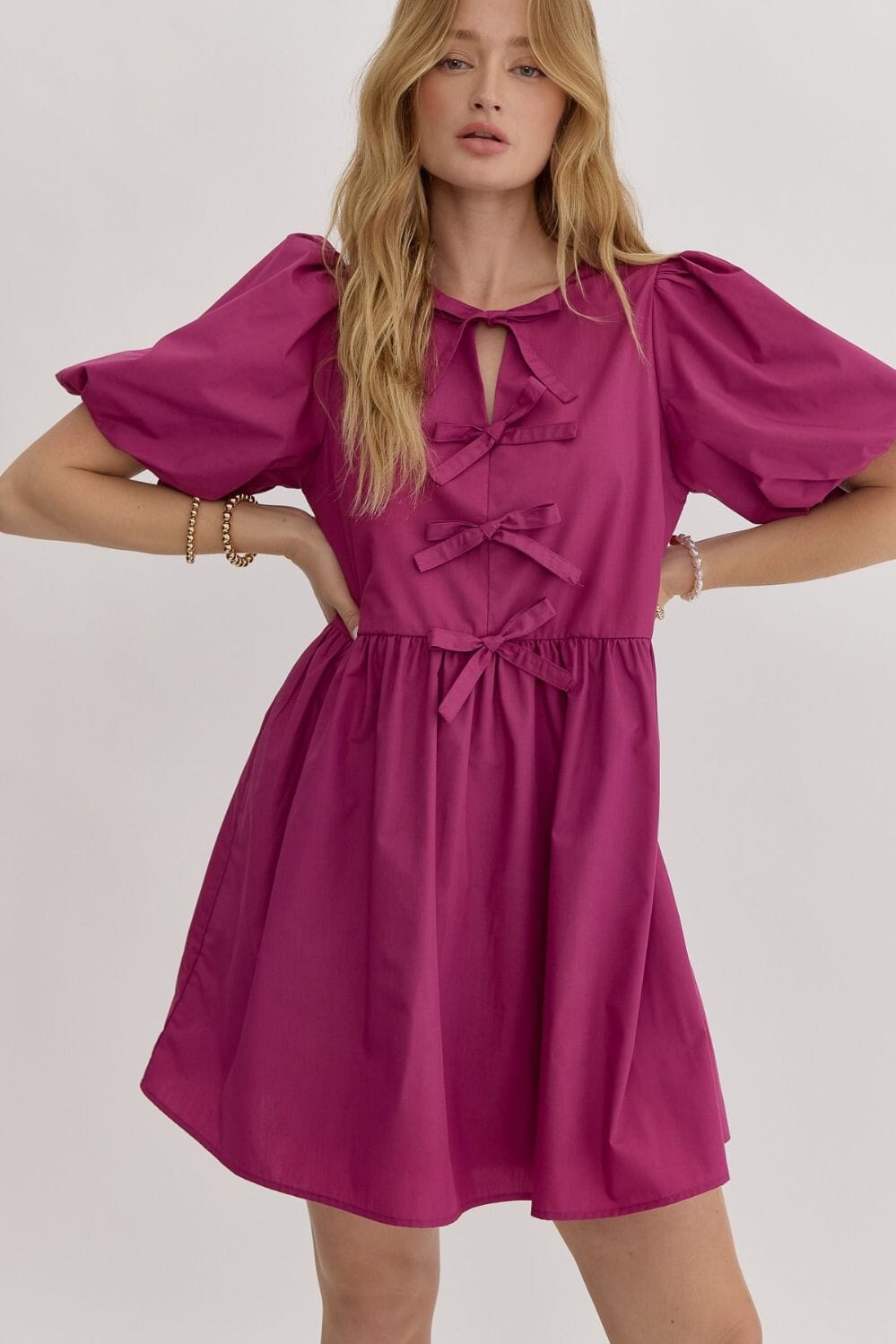 Poplin Bow Front Puff Sleeve Dress Entro 
