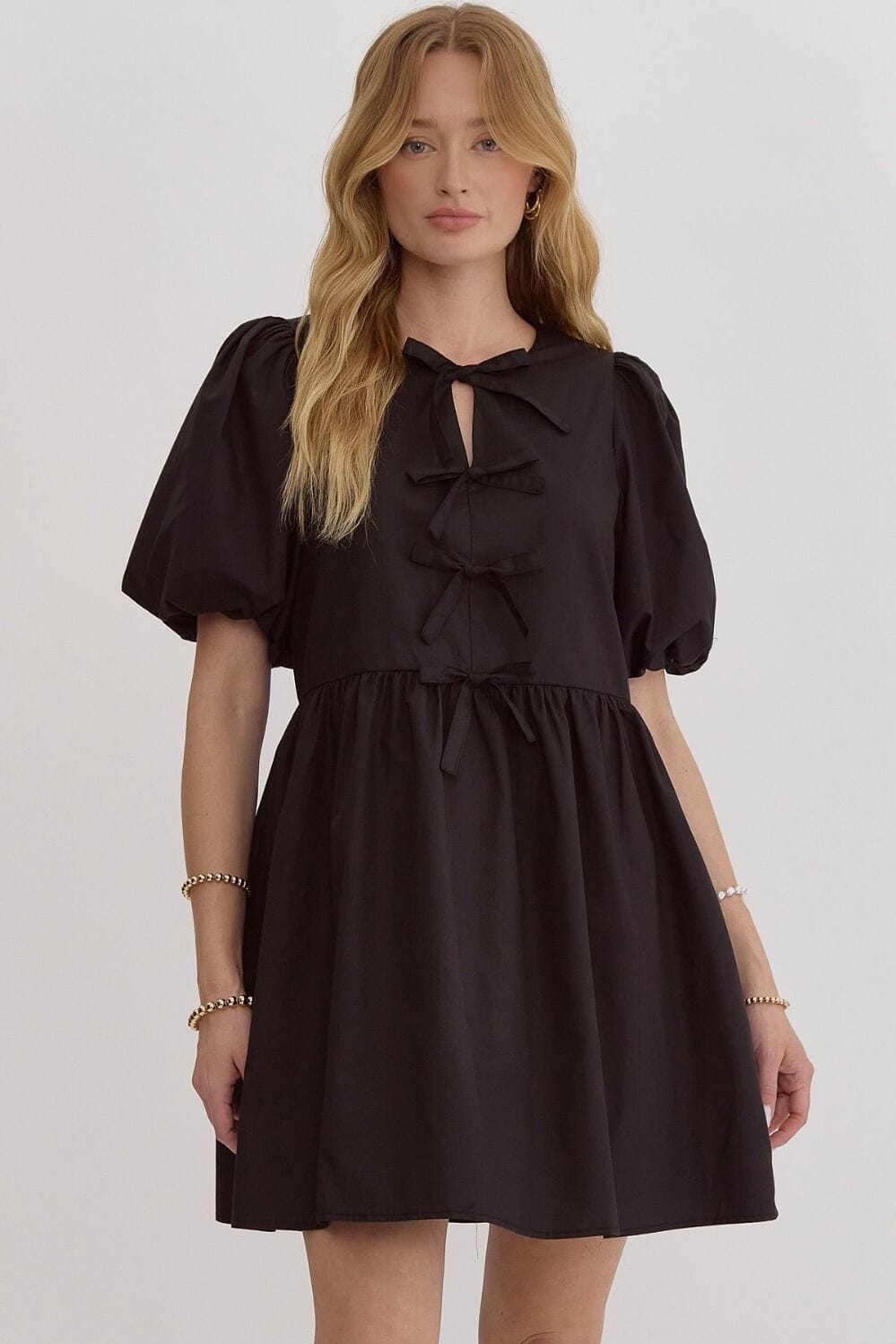 Poplin Bow Front Puff Sleeve Dress Entro 