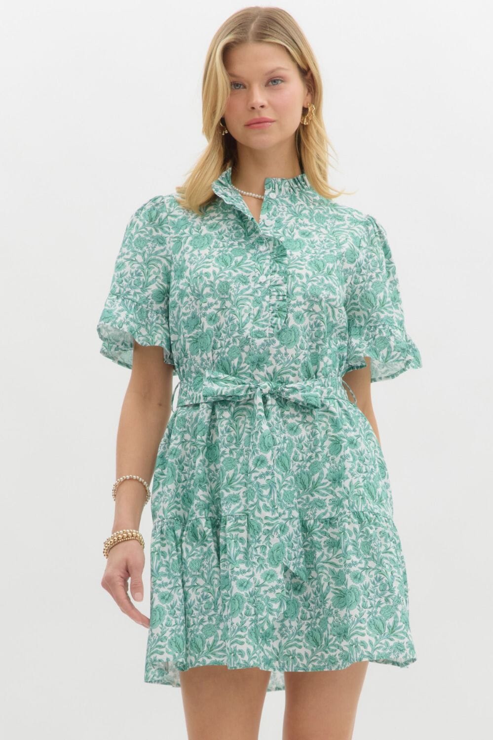 Poplin Floral Ruffle Neck Tie Waist Dress Entro 