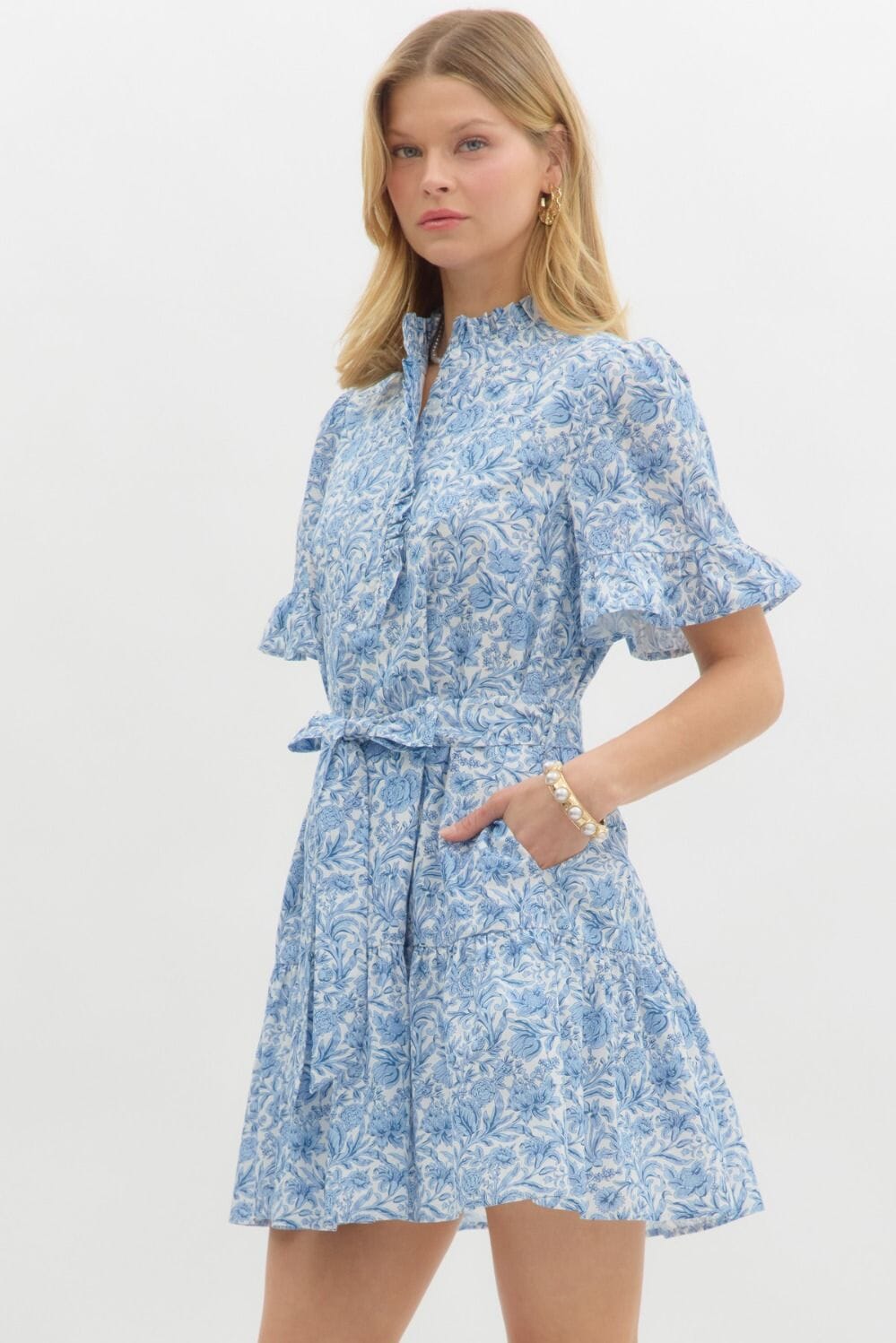Poplin Floral Ruffle Neck Tie Waist Dress Entro 