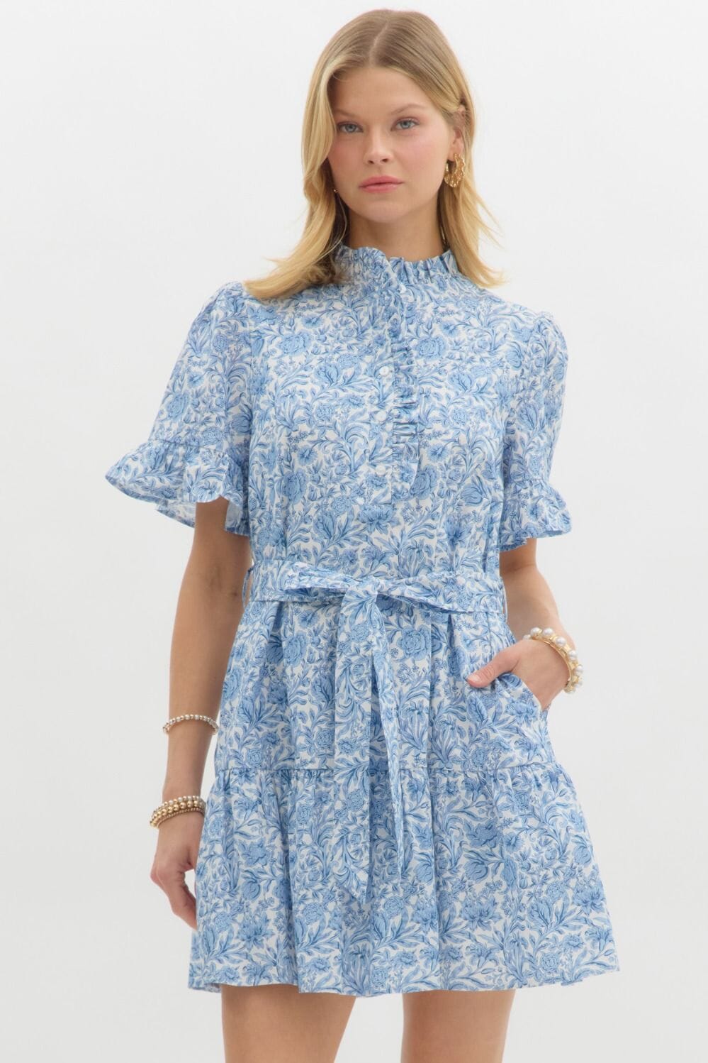 Poplin Floral Ruffle Neck Tie Waist Dress Entro 