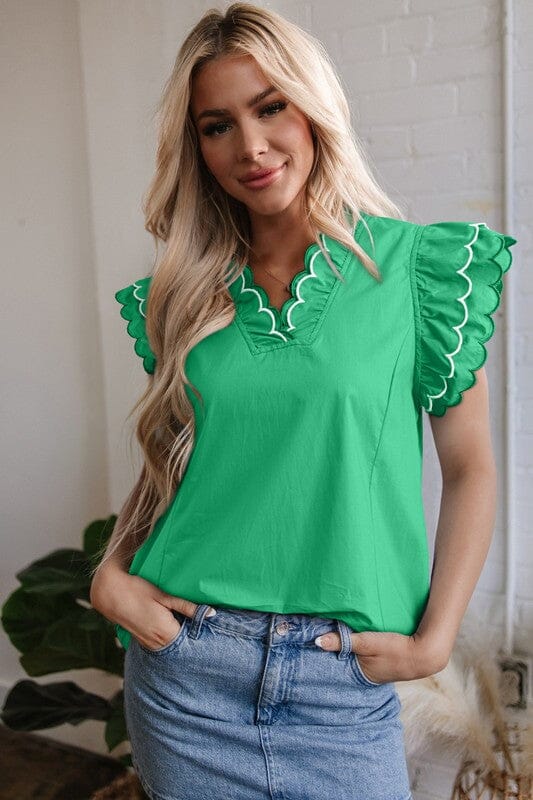 Poplin Top with Scalloped Sleeve Detail Kentce small Green 