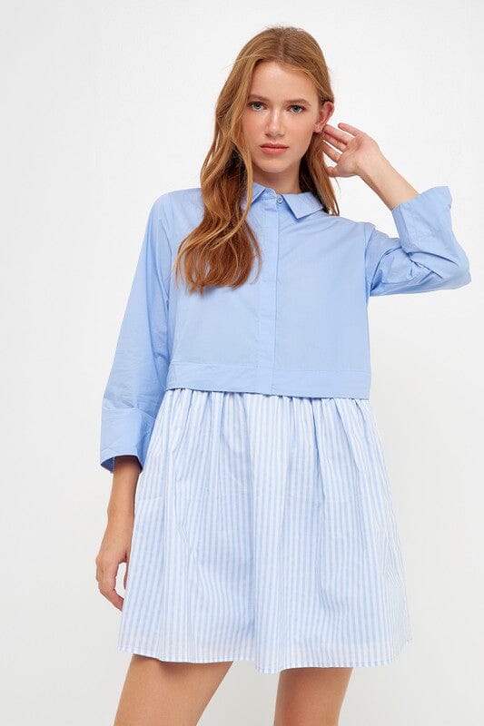 Powder Blue Striped Contrast Shirt Dress English Factory 