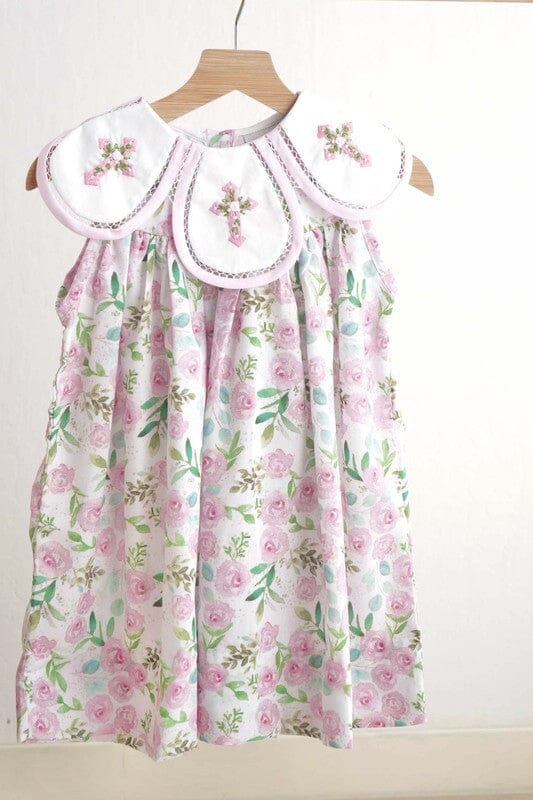 PREORDER Children's Dress Cross Embroidered Floral Dress Honeydew 