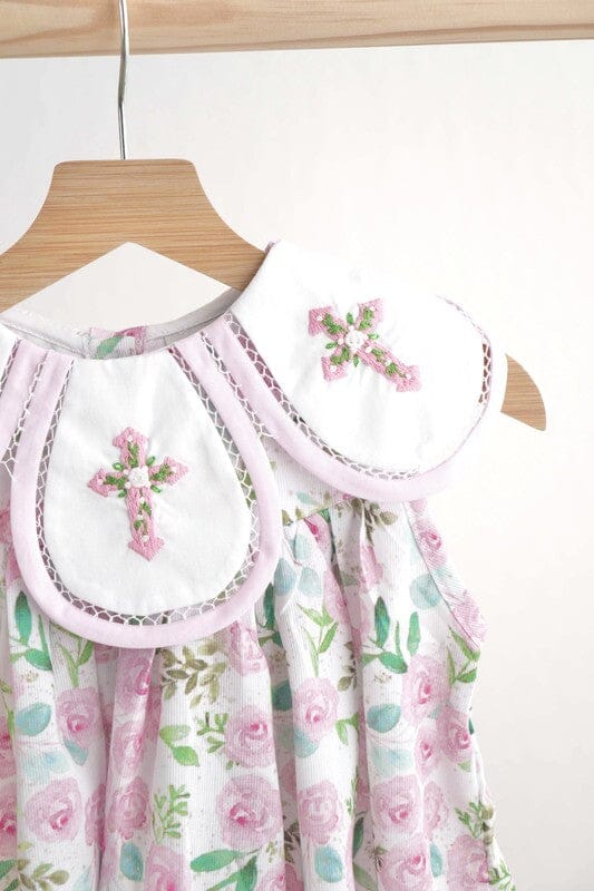 PREORDER Children's Dress Cross Embroidered Floral Dress Honeydew 