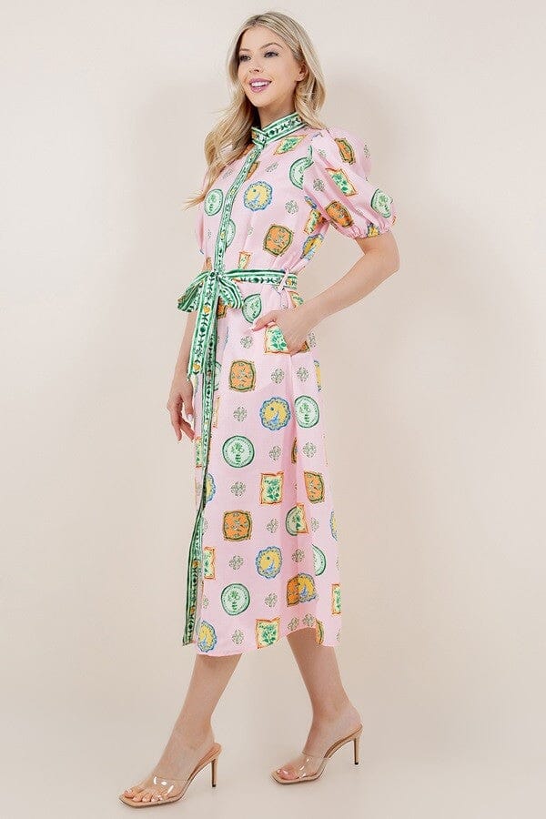 Printed Puff Sleeve Button Dress Sundayup 