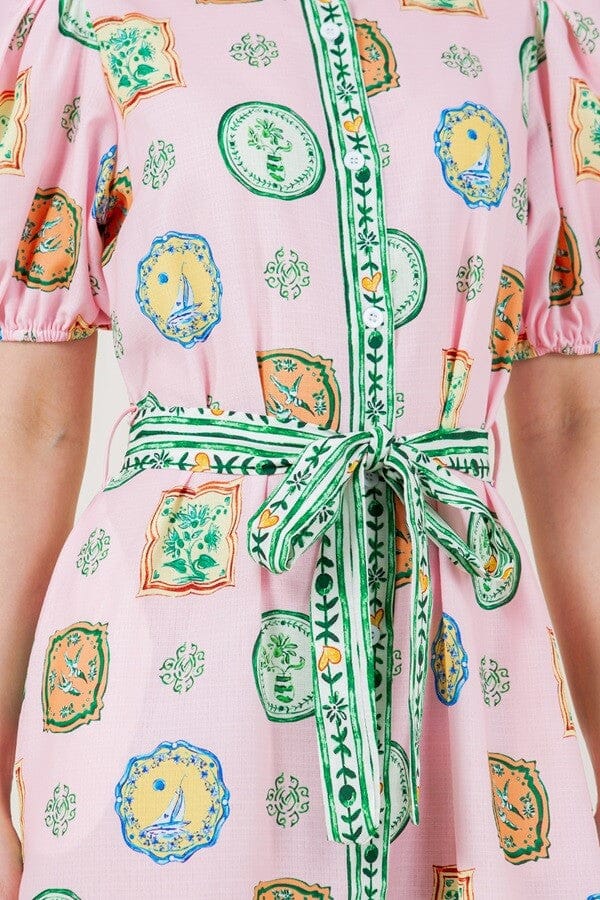 Printed Puff Sleeve Button Dress Sundayup 