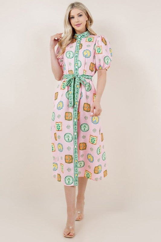 Printed Puff Sleeve Button Dress Sundayup 
