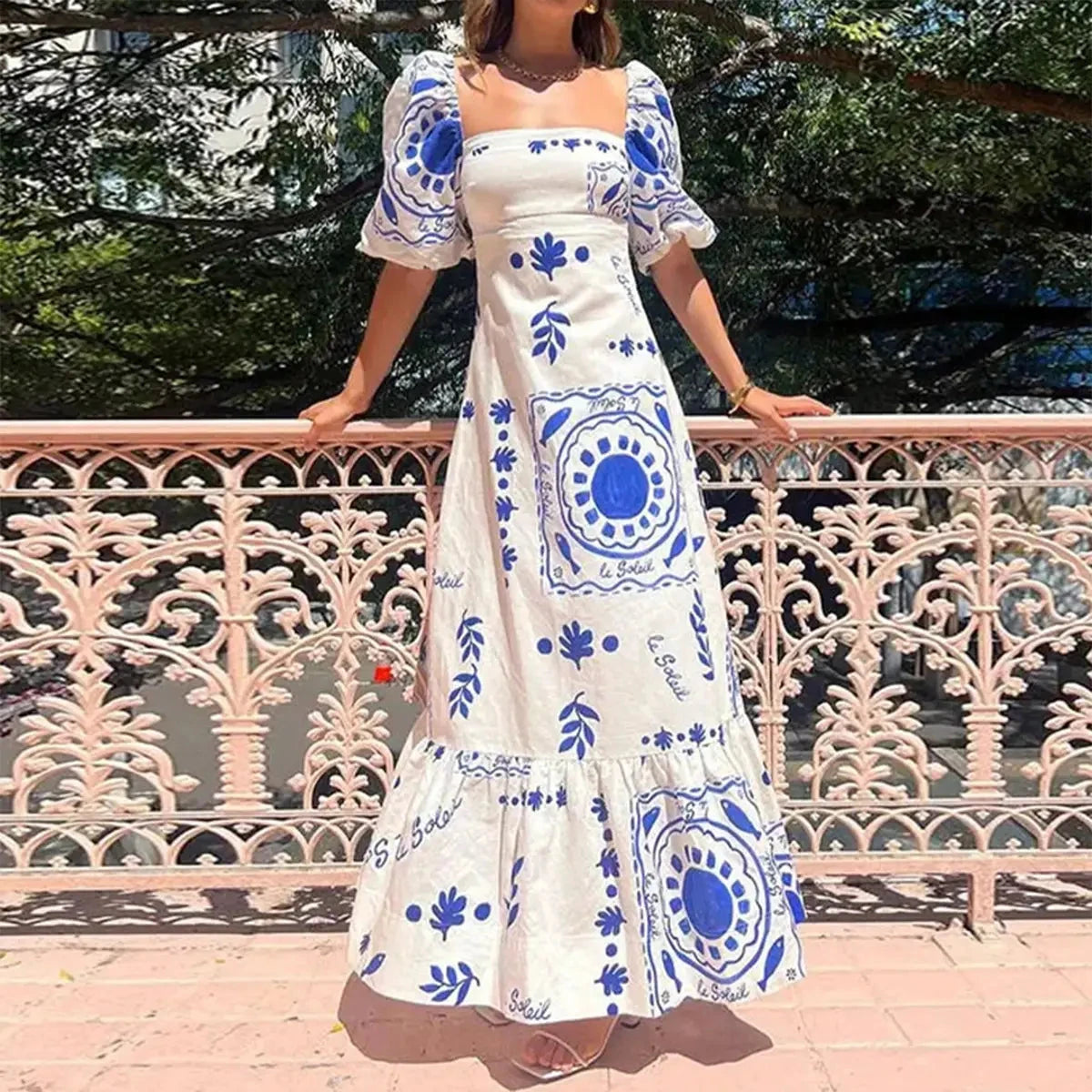 Puff Sleeve Boho Floral Dress lily clothing small Cobalt 