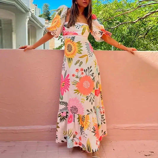 Puff Sleeve Boho Floral Dress lily clothing small Pink 
