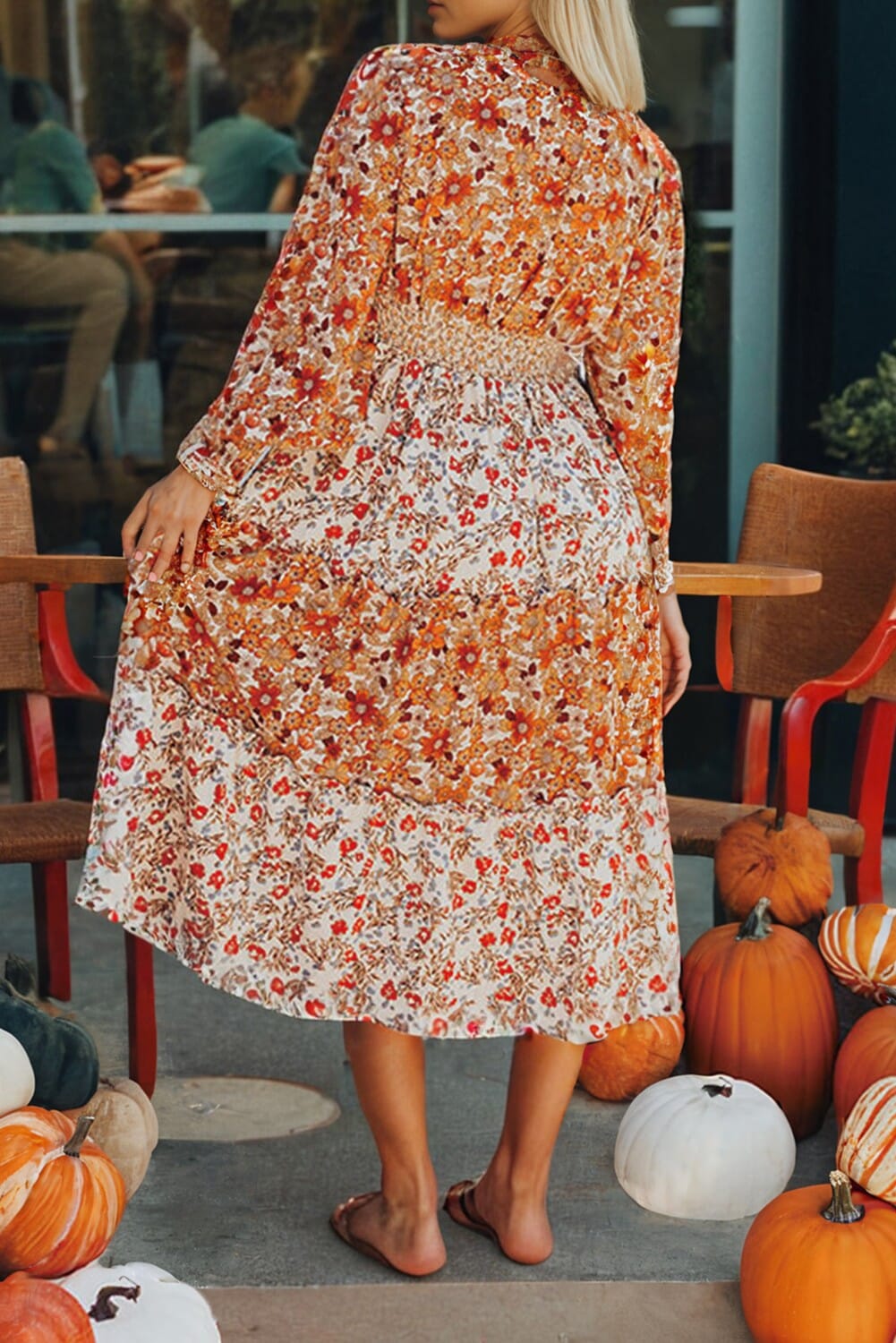 Pumpkin Spice Tiered LS V Neck Midi Dress Kentce 