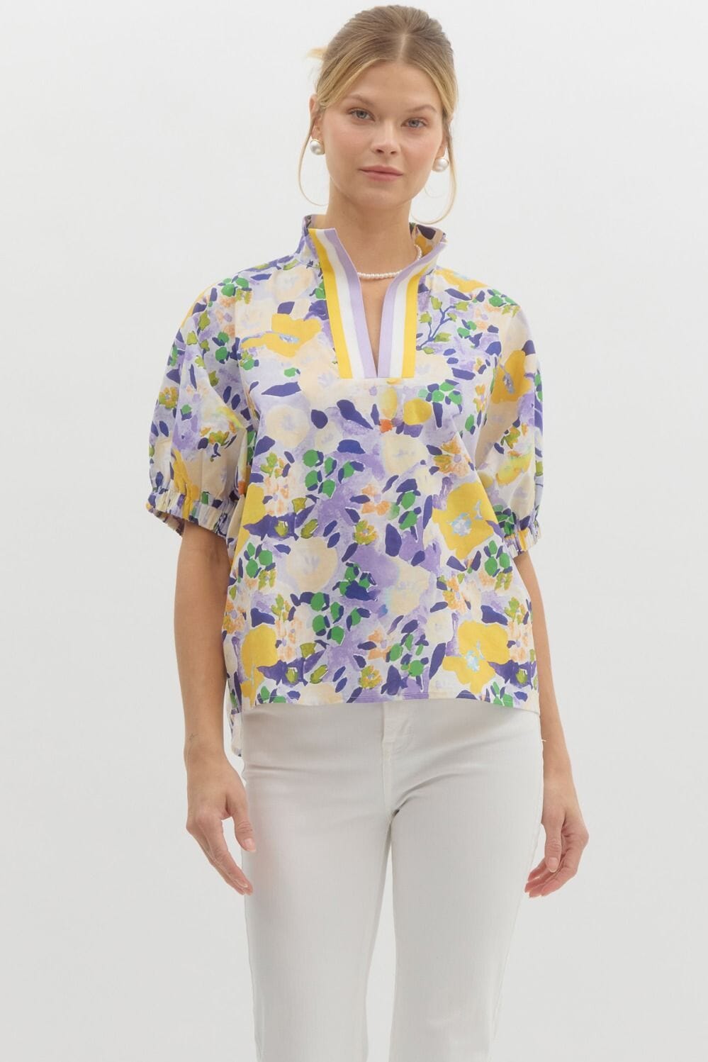 Purple and Yellow Floral Banded Top Entro 