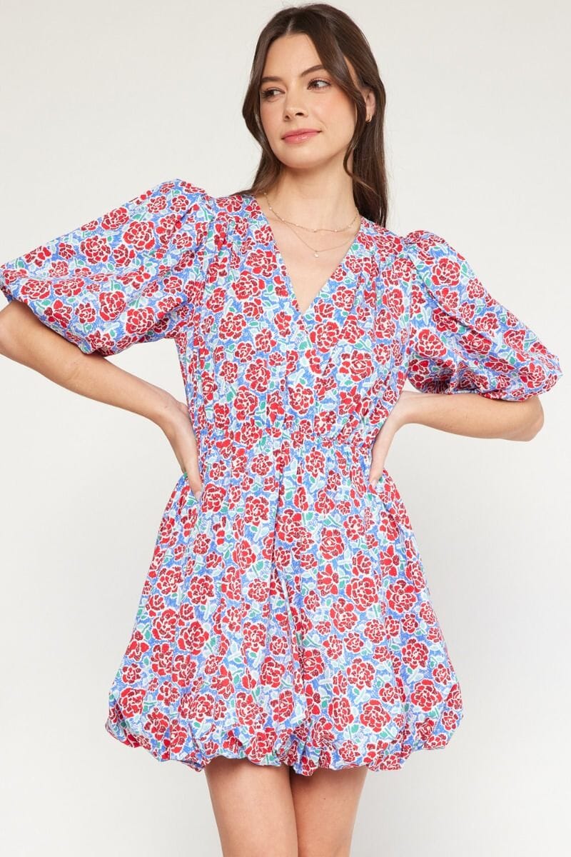 Red And Blue Floral Poplin Bubble Hem Dress Snap Something New And Pretty