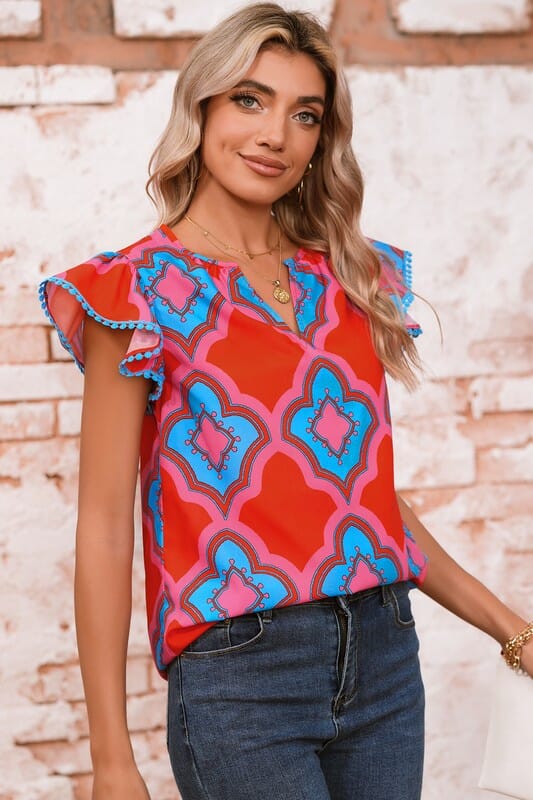 Red and Blue Medallion Print Top Shewin 