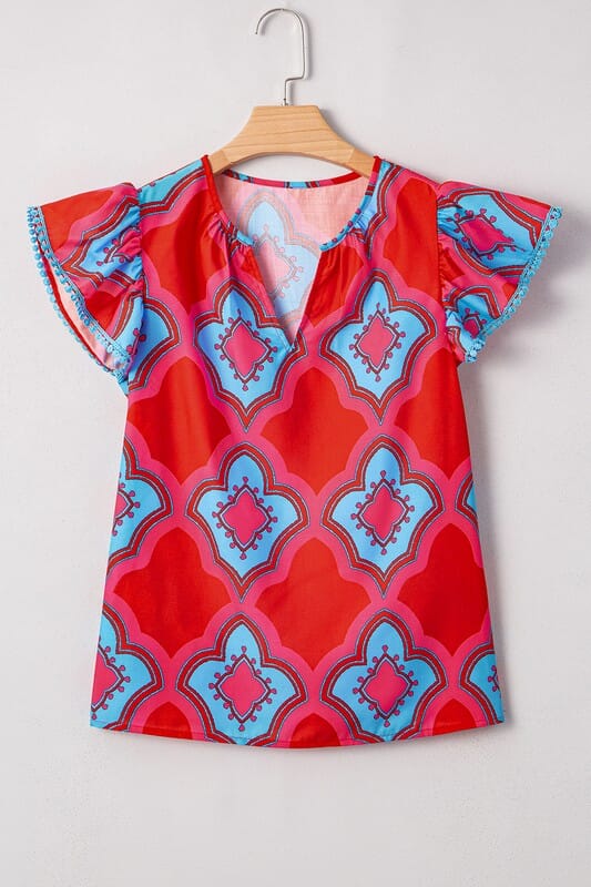Red and Blue Medallion Print Top Shewin 