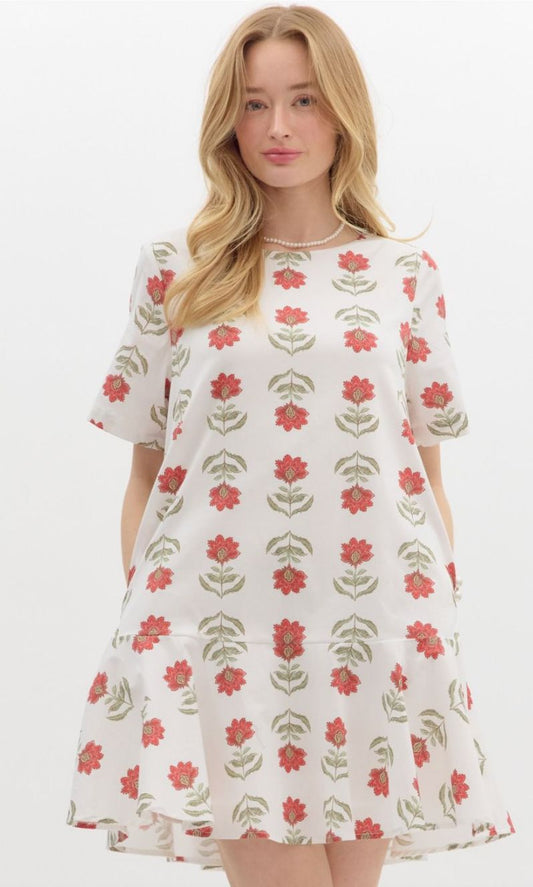 Red Floral Flutter Hem Dress entro 
