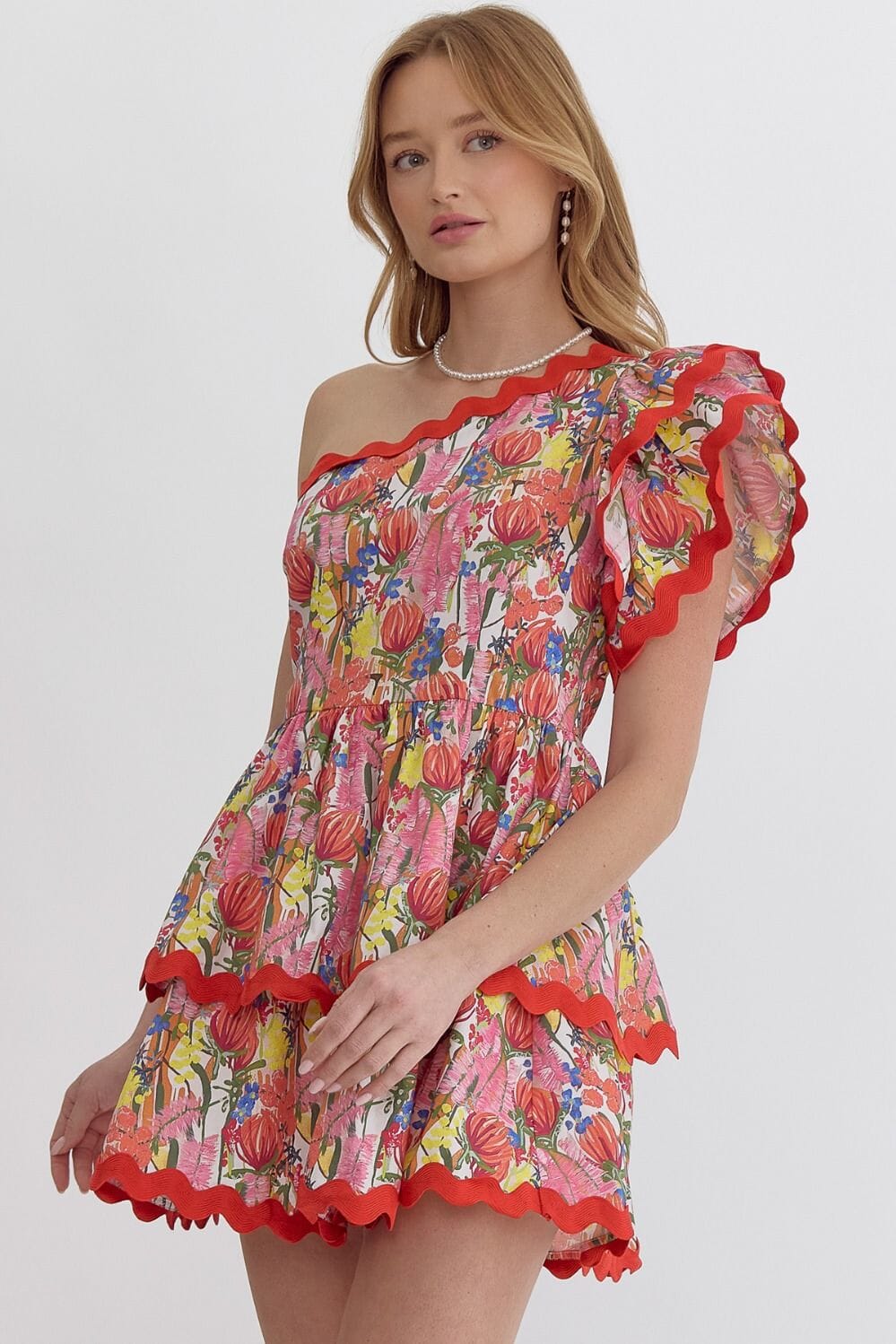 Red Floral Print One-Shoulder Dress with Ric Rac entro 