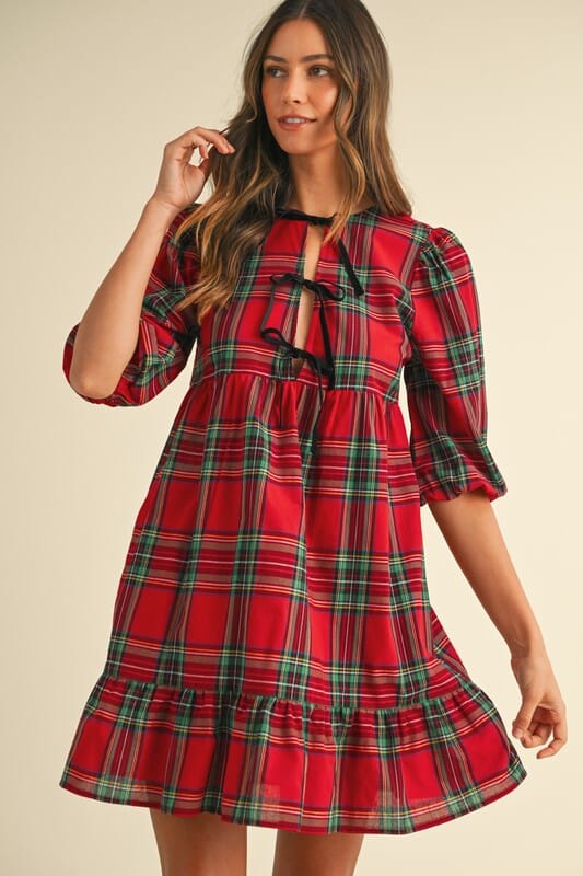 Red Holiday Plaid Dress with Velvet Bow Detail Annie Wear 