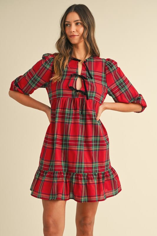 Red Holiday Plaid Dress with Velvet Bow Detail Annie Wear 