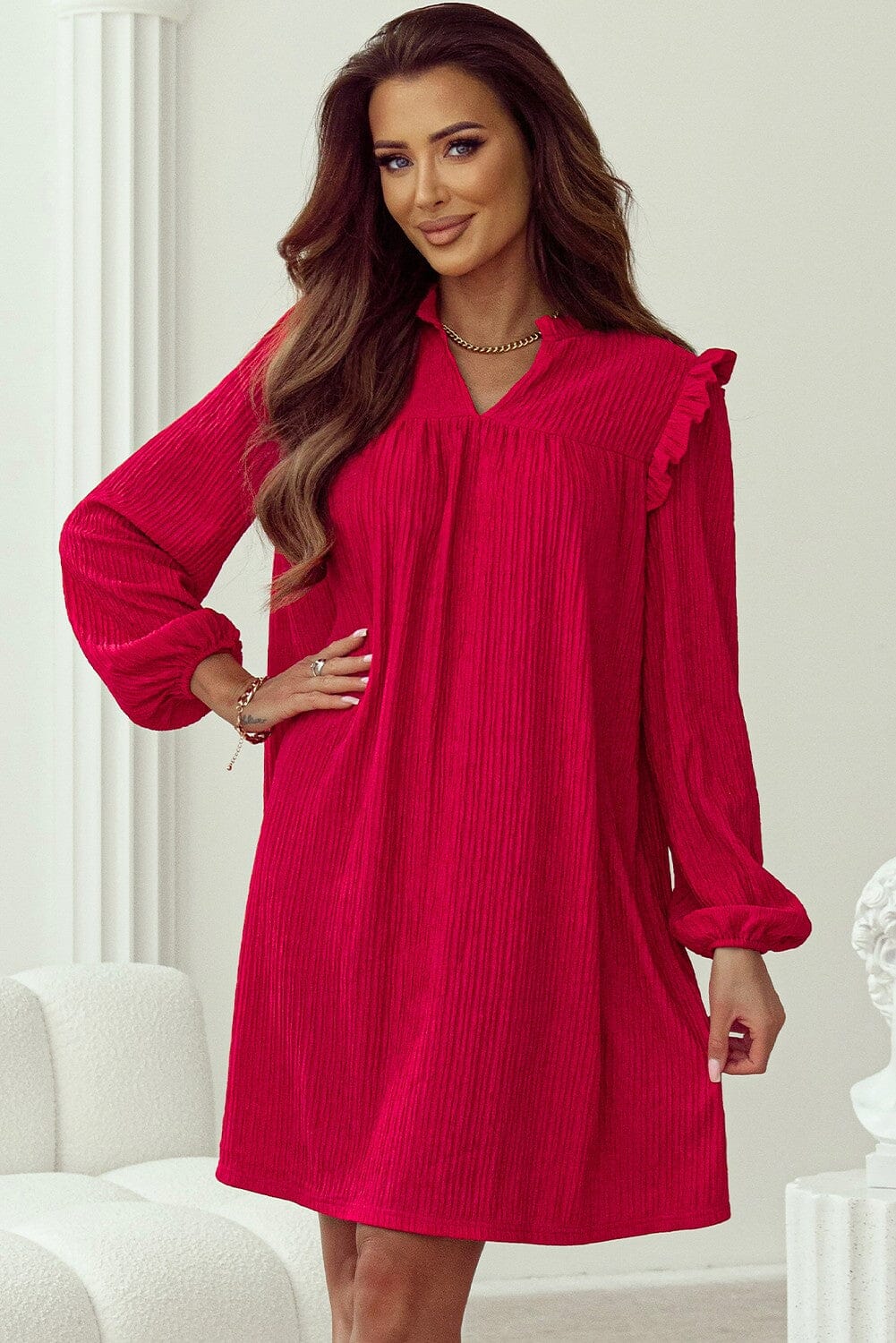 Red Ruffled Trim V Neck Dress Youmi 