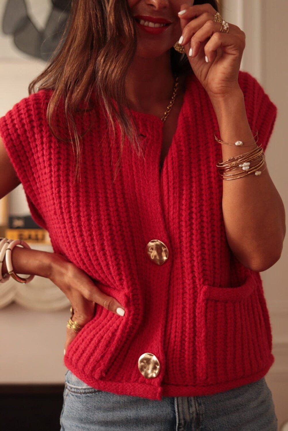 Red Textured Knit Side PocketsSweater Vest Youmi 