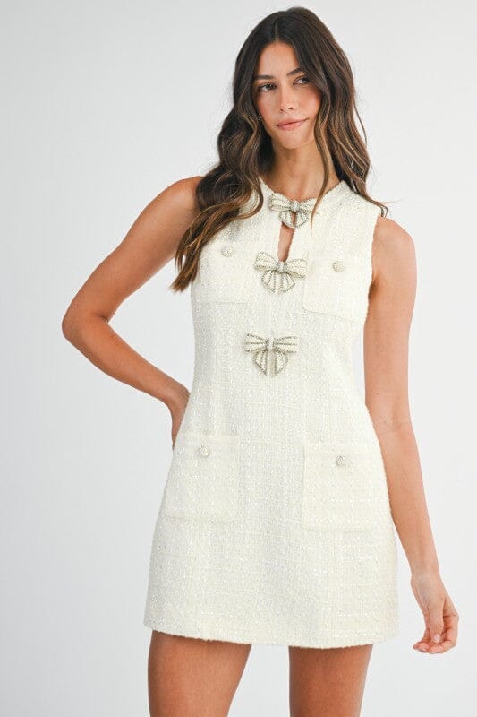 Rhinestone Bow Tweed Dress - Ships in October Mable small Cream 