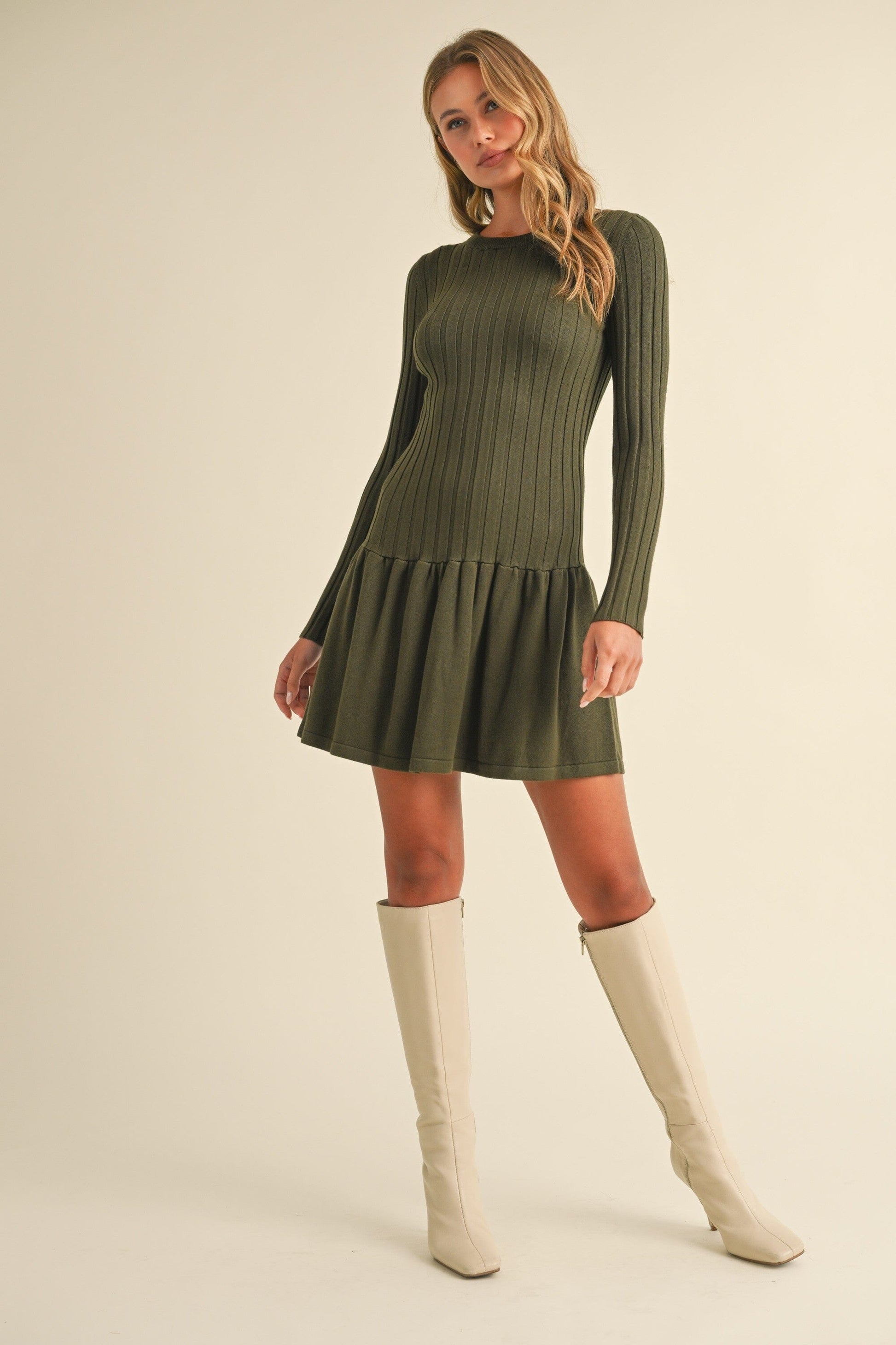 RIB CREWNECK SWEATER DROP WAIST FLARED DRESS Klesis 