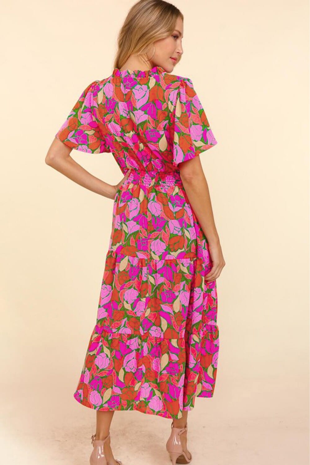 Rose Floral Short Sleeve Smocked Waist Maxi dress socali the label 