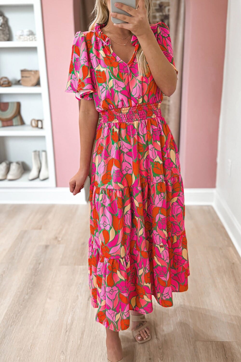 Rose Floral Short Sleeve Smocked Waist Maxi dress socali the label 