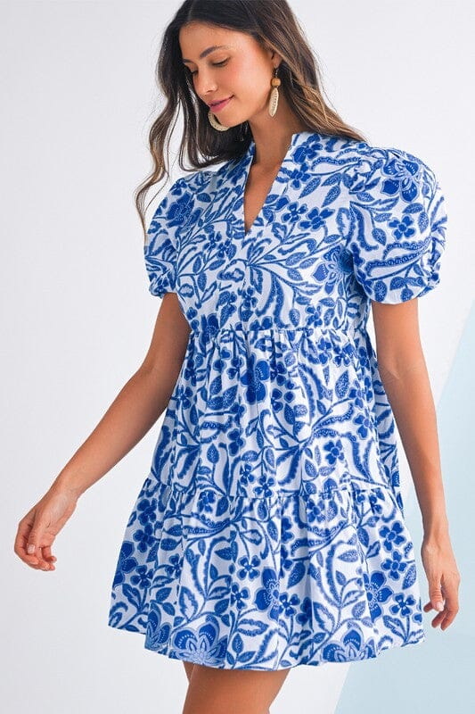 Royal Flower Puff Sleeve Dress Shewin 