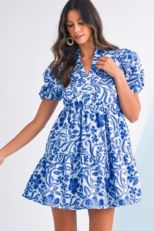 Royal Flower Puff Sleeve Dress Shewin 