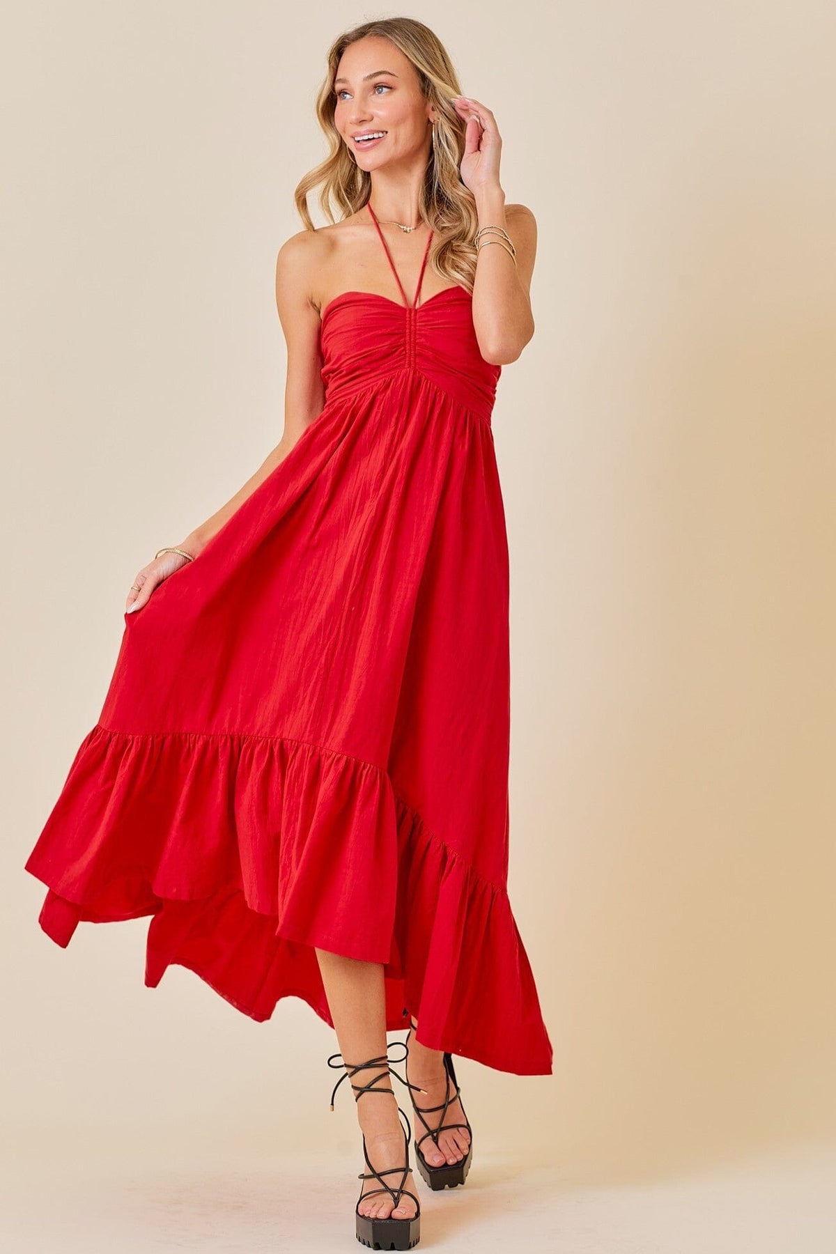 Ruched Halter Cut-Out Midi Dress for Evenings Out