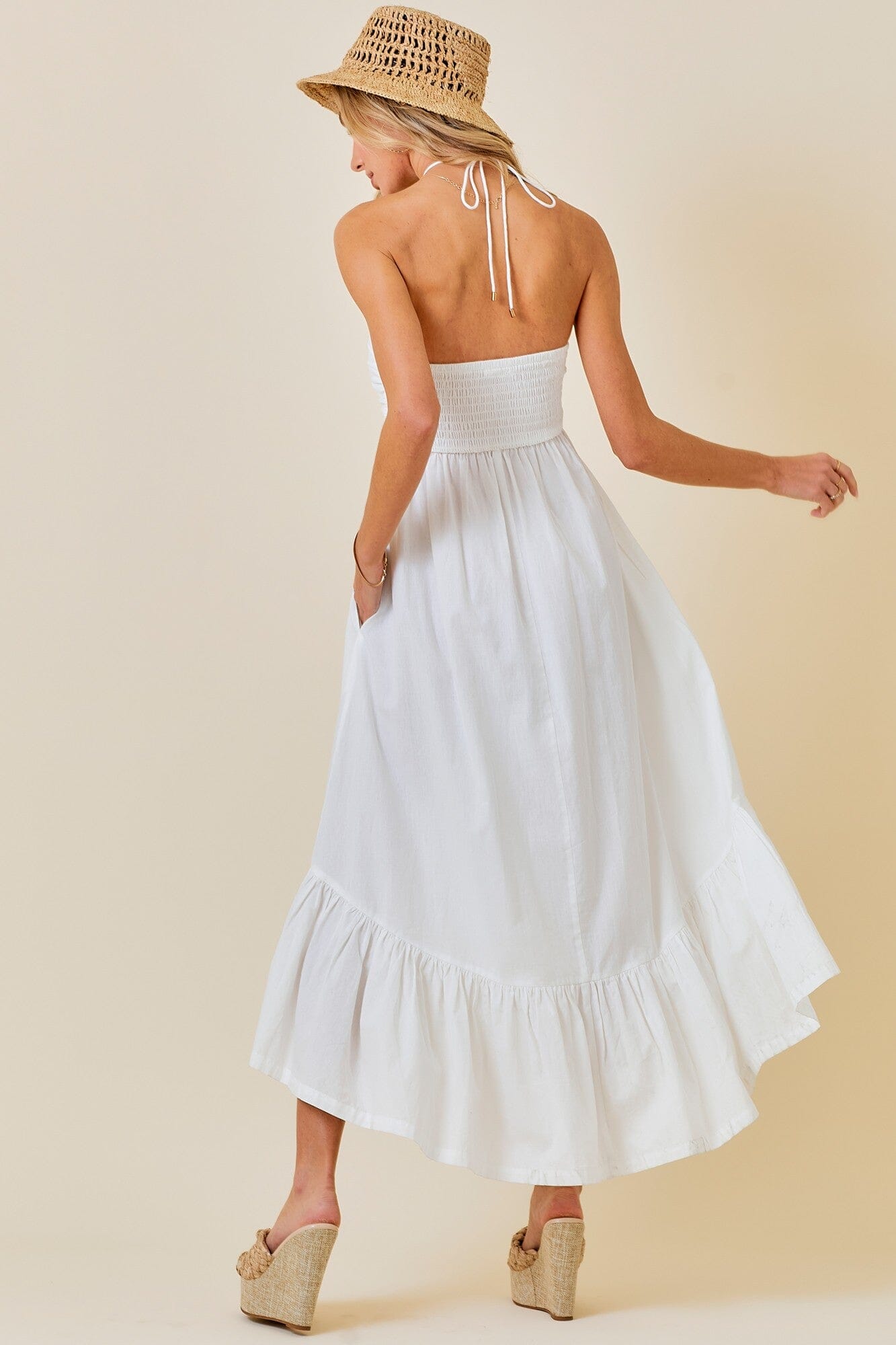 RUCHED HALTER MIDI DRESS WITH RUFFLE HEM SNAP-Something New And Pretty 