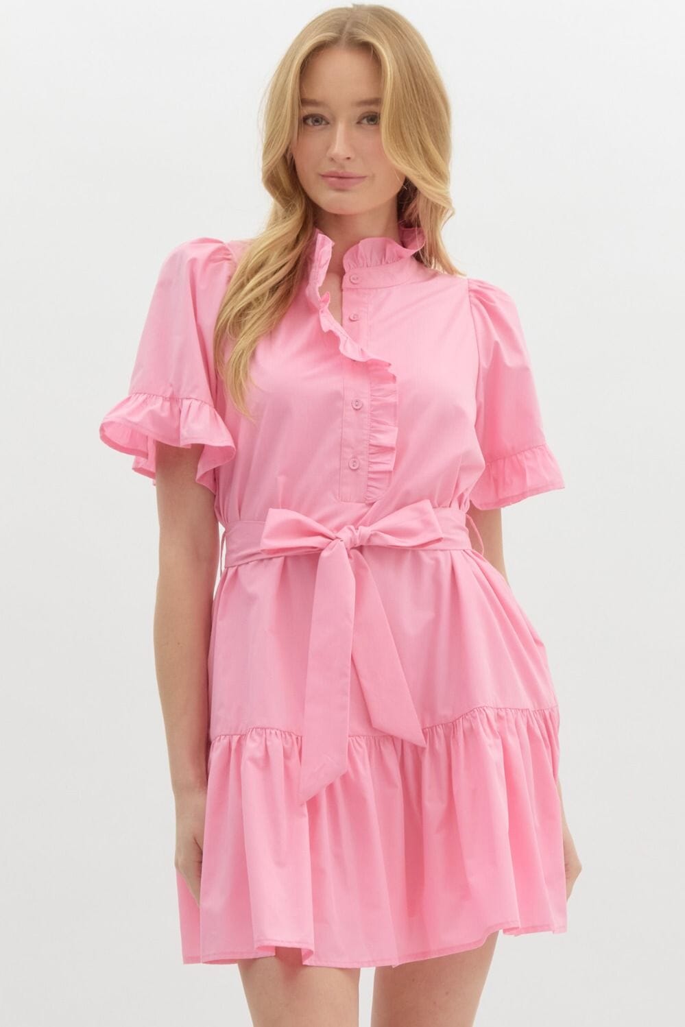 Ruffle Neck Poplin Tie Waist Dress Entro 