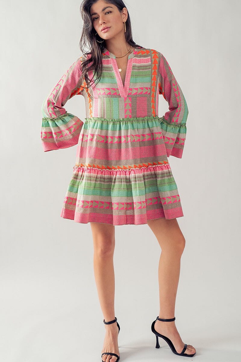 RUFFLED TRIM AZTEC PRINT TIERED DRESS Trend Notes 