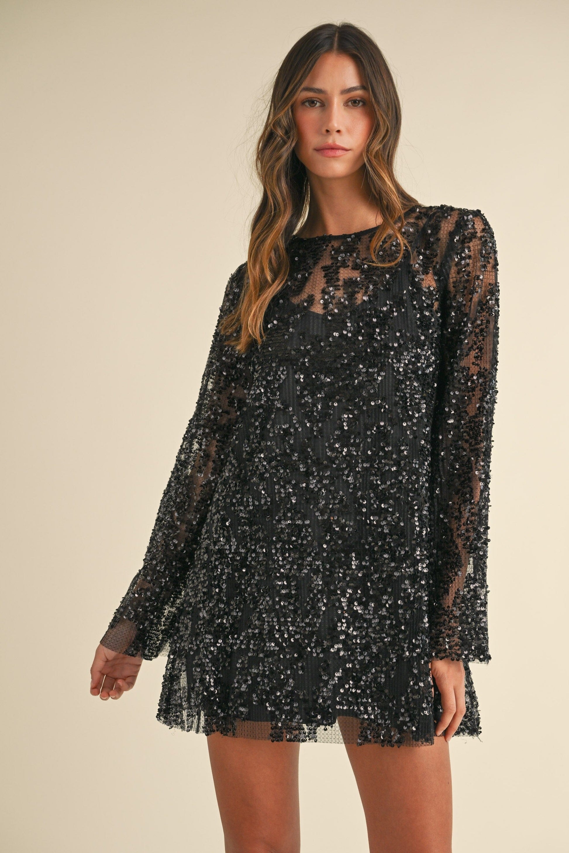 SEQUIN BELL SLEEVE MINI DRESS mable 