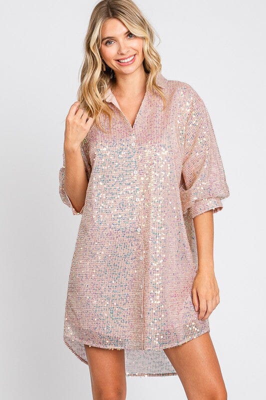 Sequin Button Down Shirt Dress Style U 