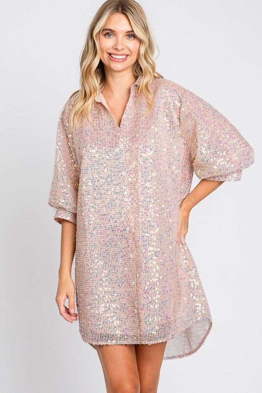 Sequin Button Down Shirt Dress Style U 