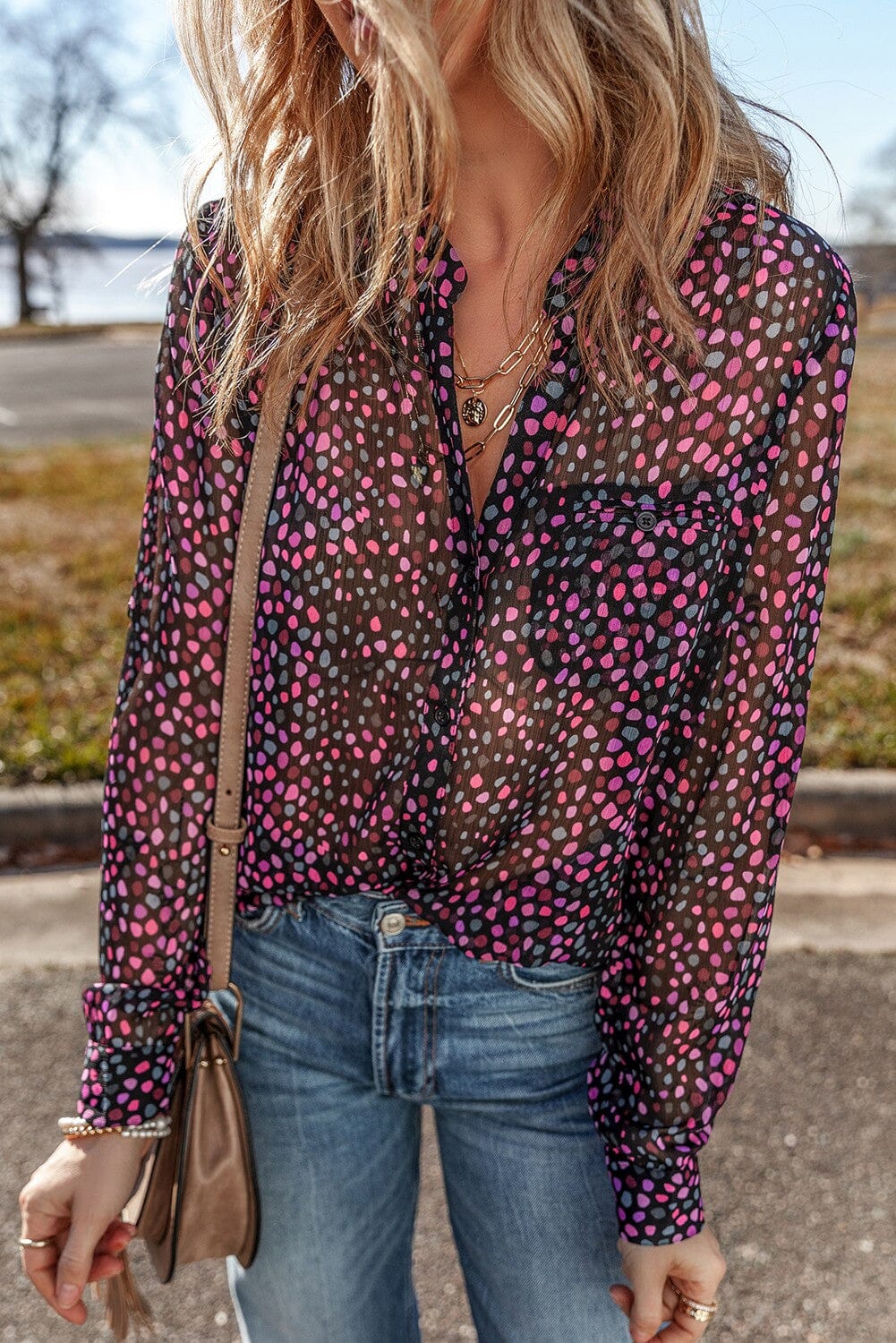 Sheer Grape Polka Dot Printed Button Down Shirt shiying 