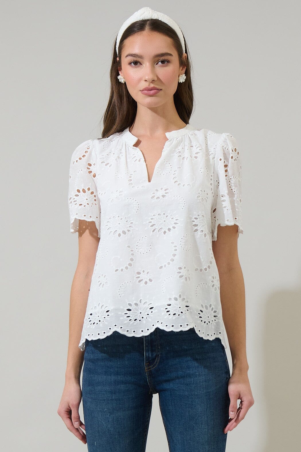 Shirin Eyelet Split Neck Top sugarlips 