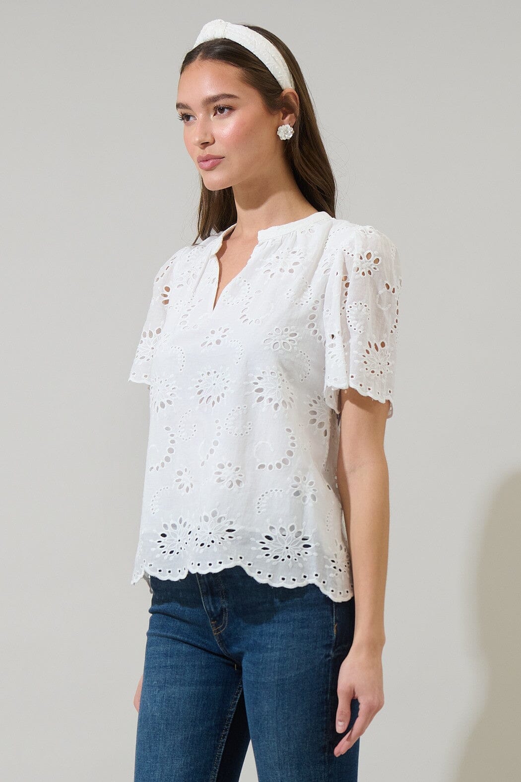 Shirin Eyelet Split Neck Top sugarlips 