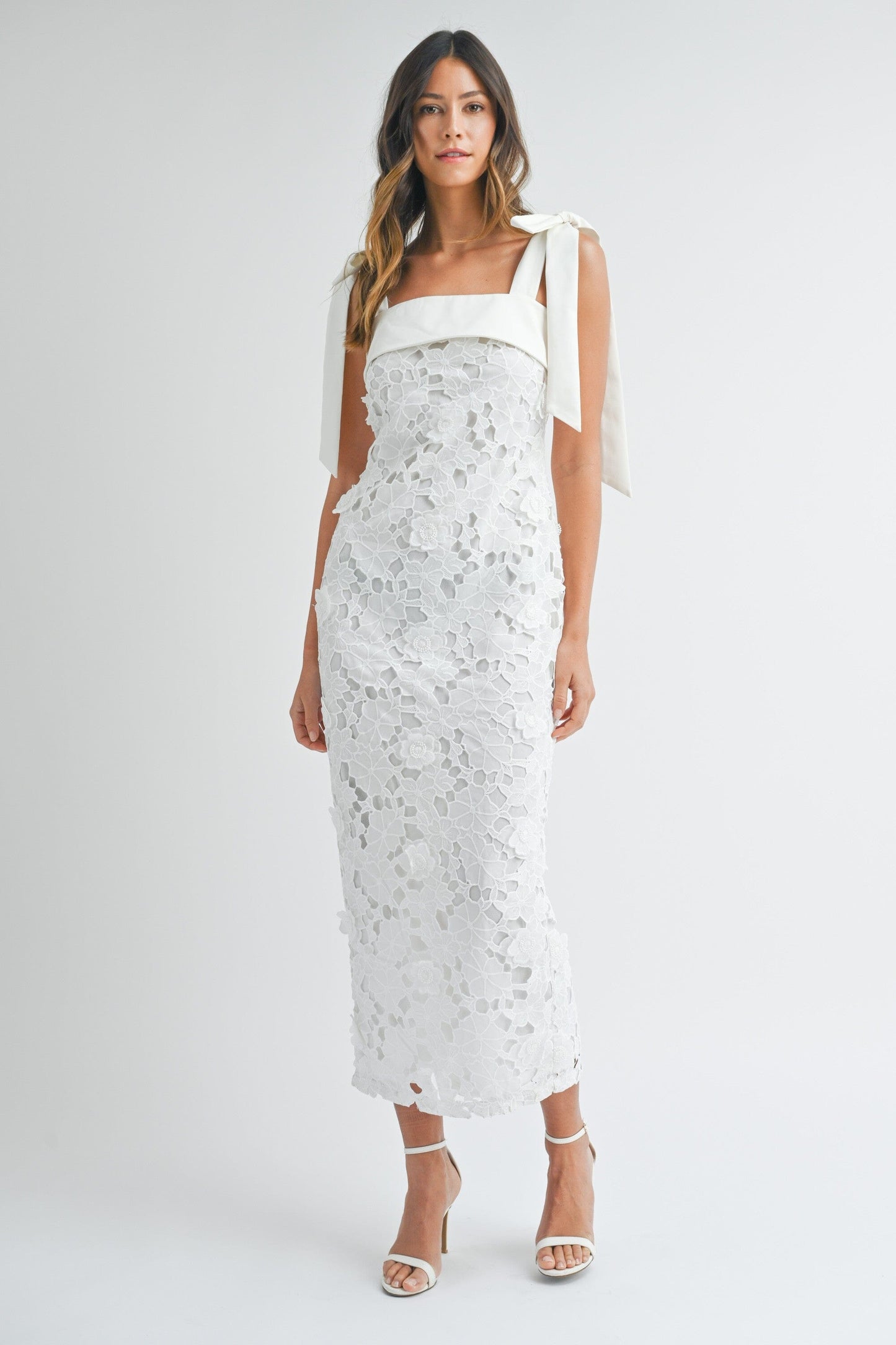 SHOULDER STRAP LACE FLORAL MIDI DRESS mable 