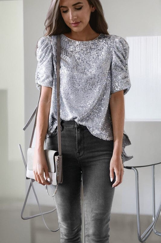 Silver Sequin Puff Sleeve Top Shiying 
