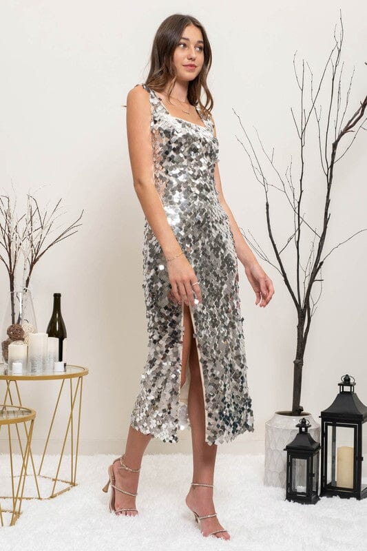 Silver Sequin Square Neck Midi Blu Pepper 