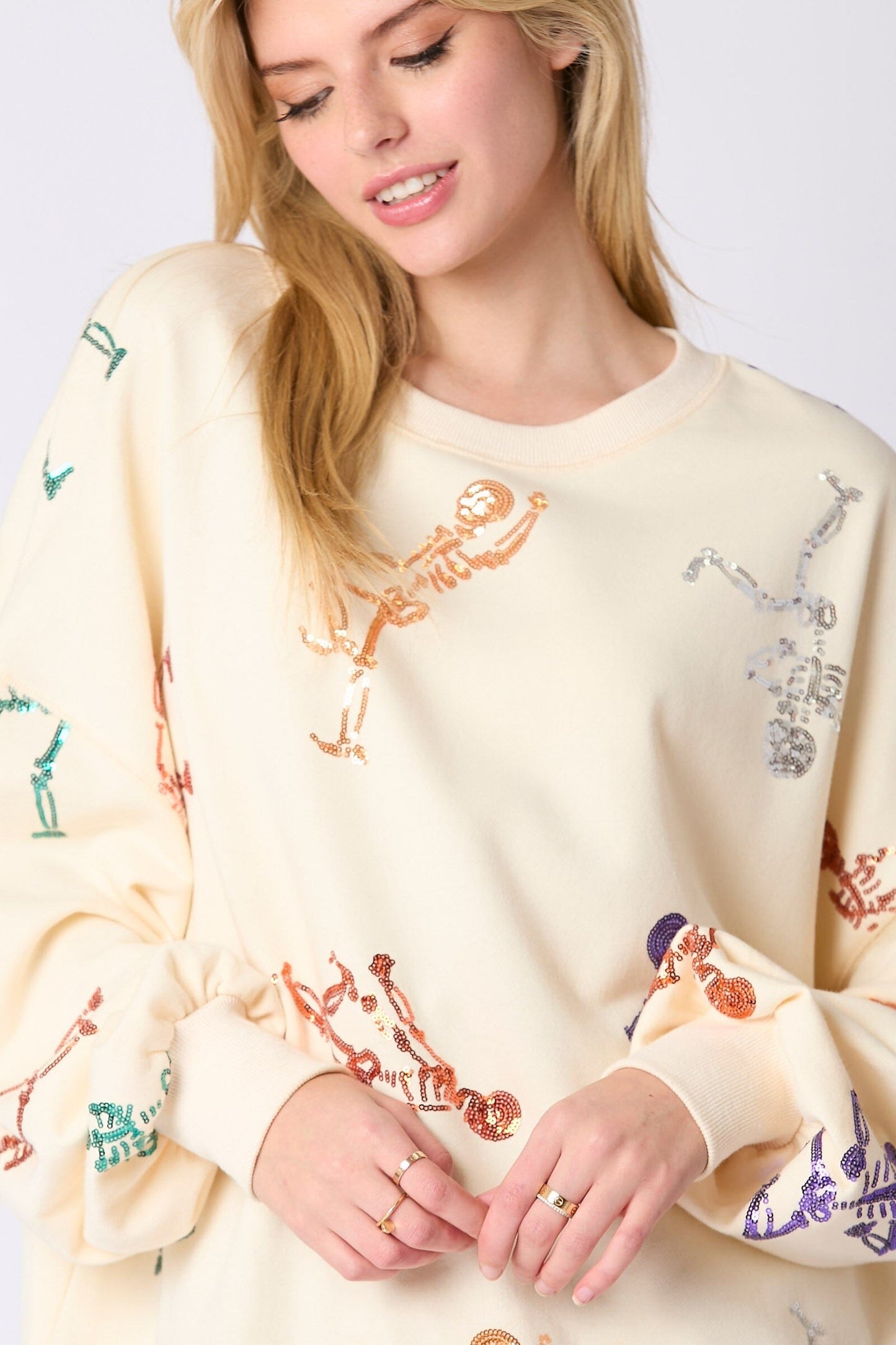 Skeleton Sequin Embroidery Oversized Sweatshirt peach love california 