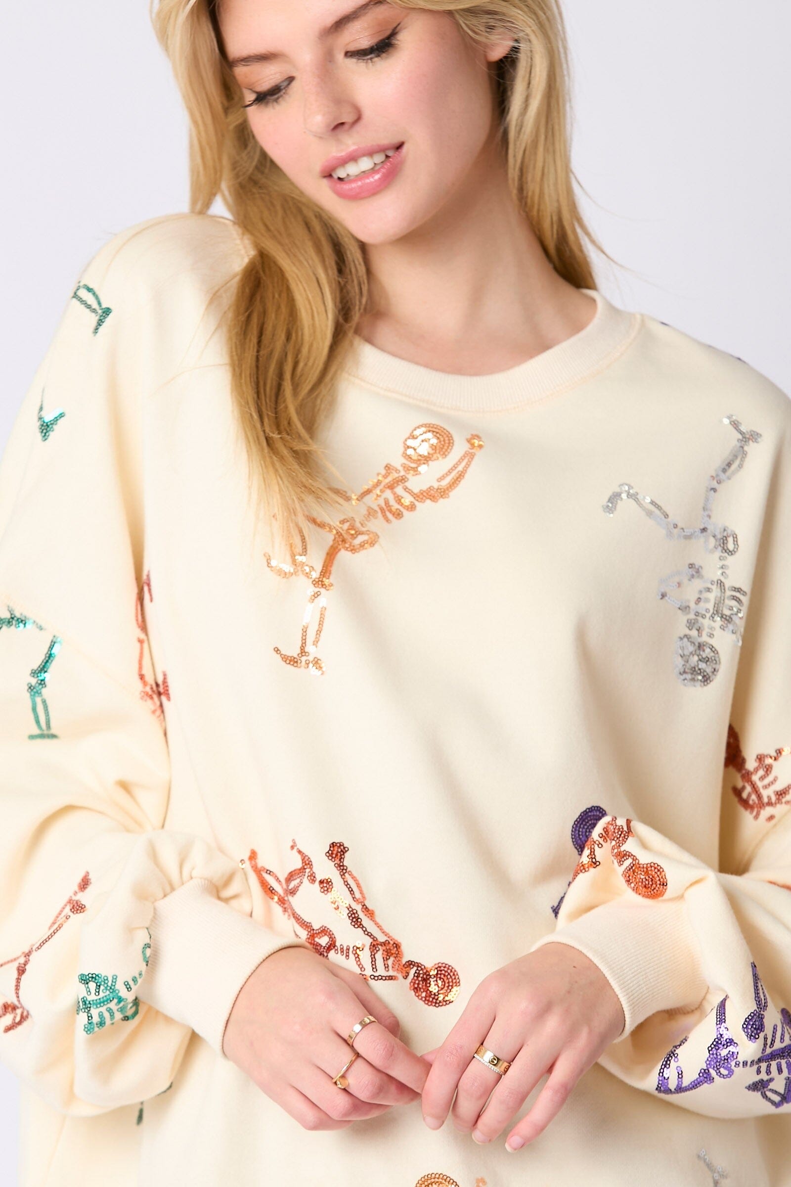 Skeleton Sequin Embroidery Oversized Sweatshirt peach love california 