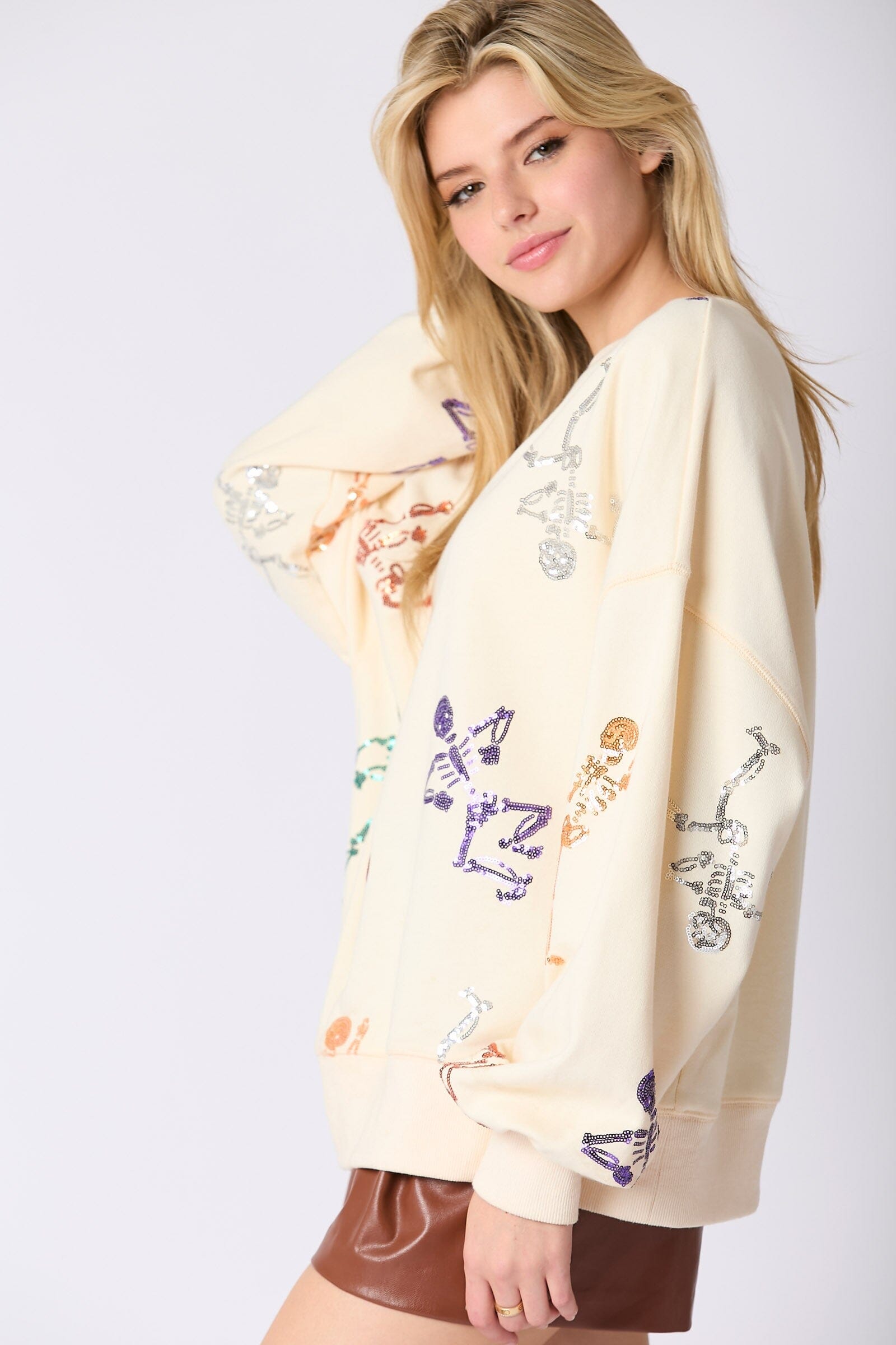 Skeleton Sequin Embroidery Oversized Sweatshirt peach love california 