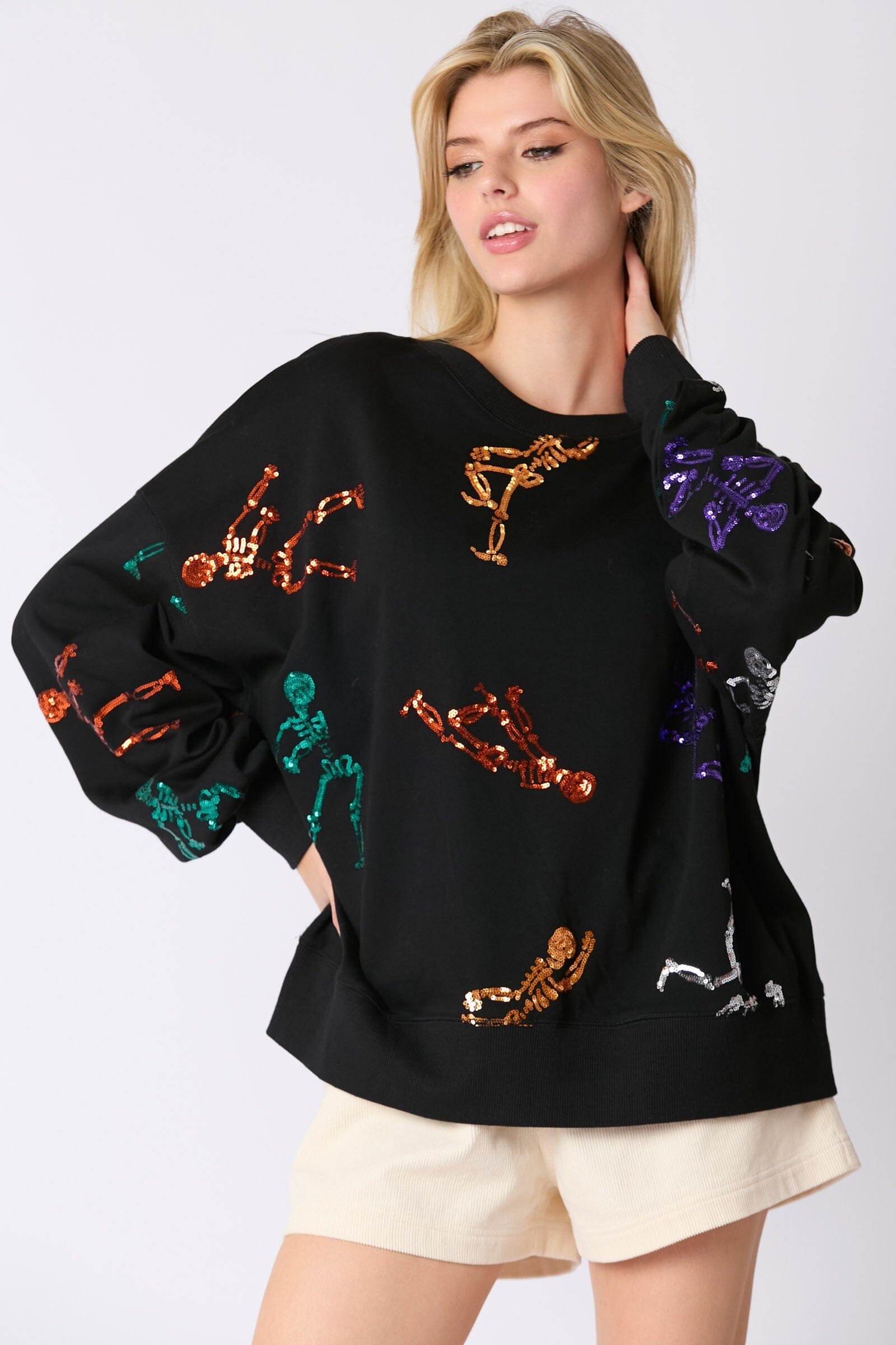 Skeleton Sequin Embroidery Oversized Sweatshirt peach love california 